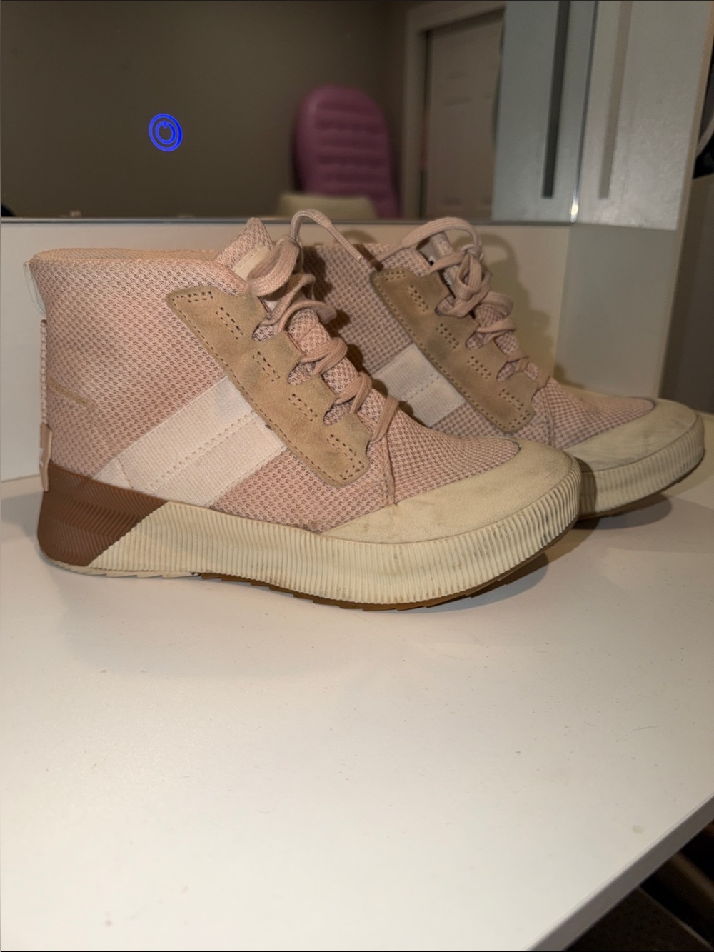 Sorel Women’s High-Top Sneakers in Light Pink and Tan